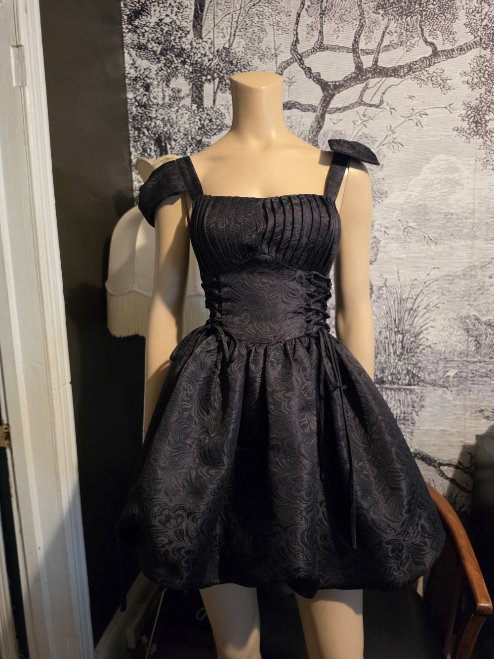 NWOT flower&dot Black Jacquard Asymmetric Corset Bubble Mini Dress